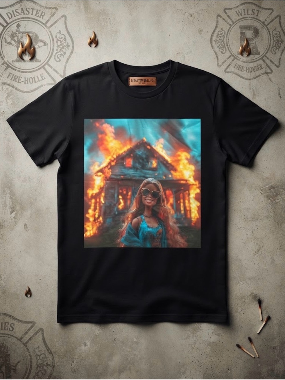 Black Graphic Home Art Tee with Fiery House Print